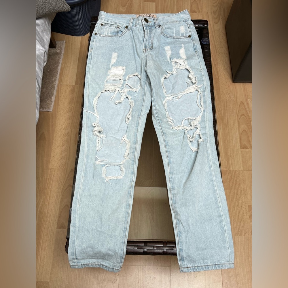 Reverse distressed straight jeans